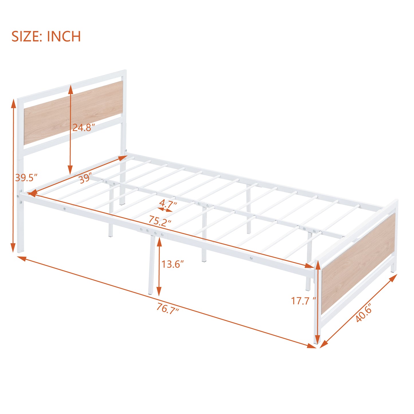 Quasar Twin Size Metal and Wood Platform Bed - White