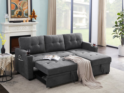 Mabel Woven Fabric Sleeper Sectional with cupholder, USB charging port and pocket - Dark Gray