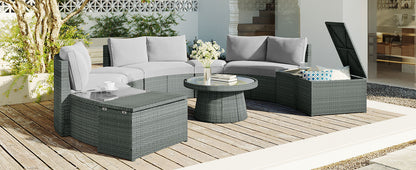 Clarkson 10 Pc Patio Rattan Half Round Sectional Sofa Set - Light Gray