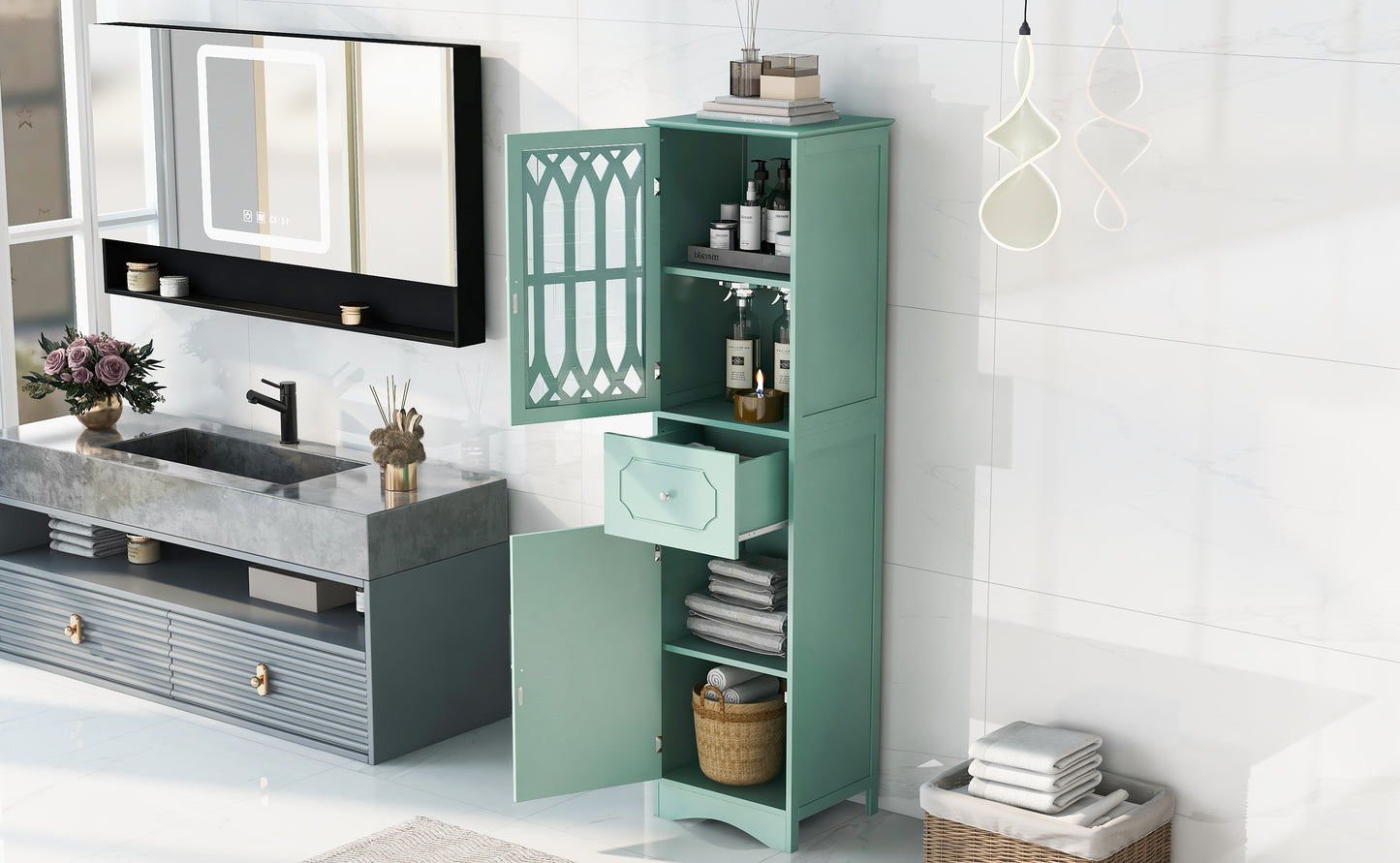 Statured Bathroom Cabinet with Drawer and Doors - Green