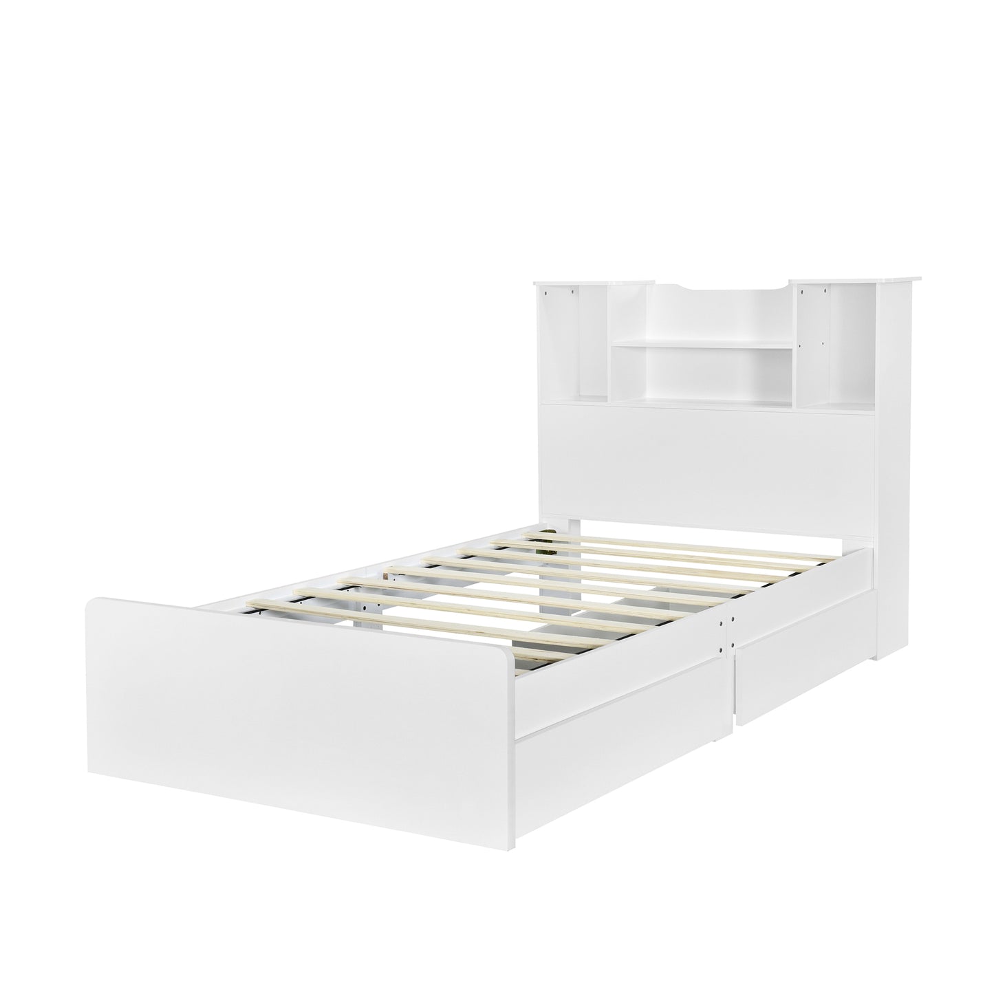 Taz Twin Size Platform Bed Frame with 4 Open Storage Shelves - White