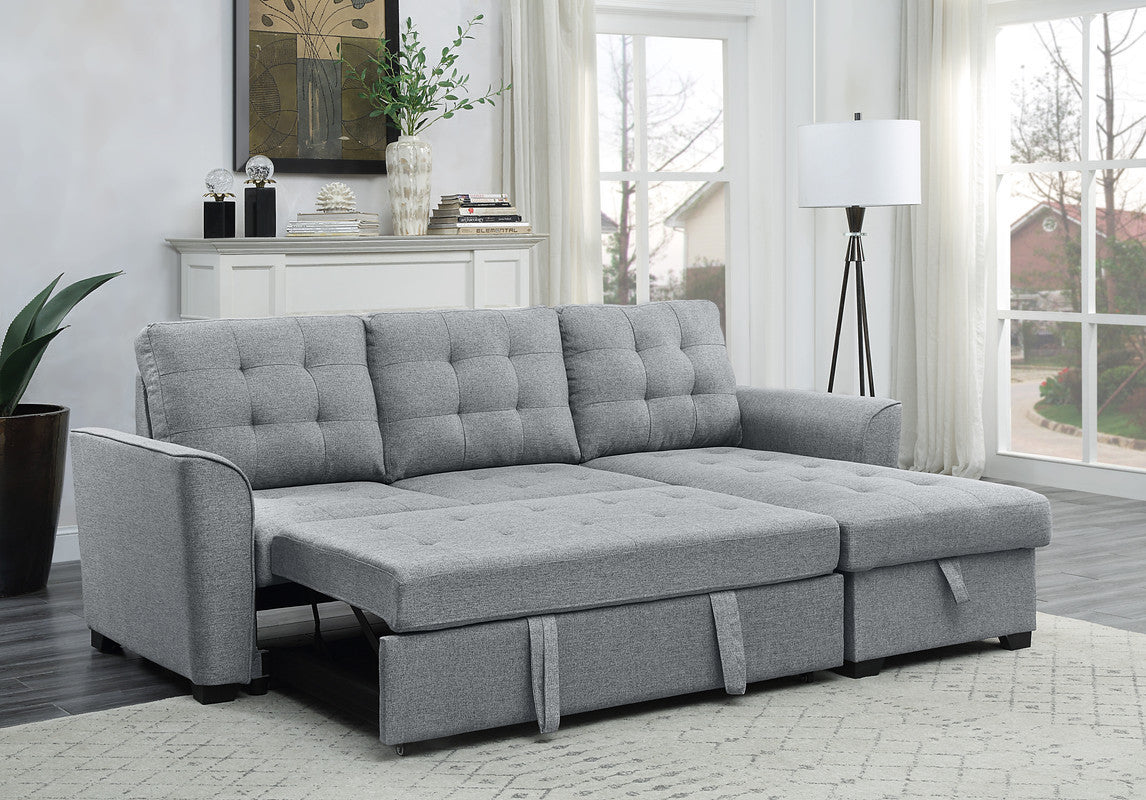 Avery Linen Sleeper Sectional Sofa with Reversible Storage Chaise -  Light Gray