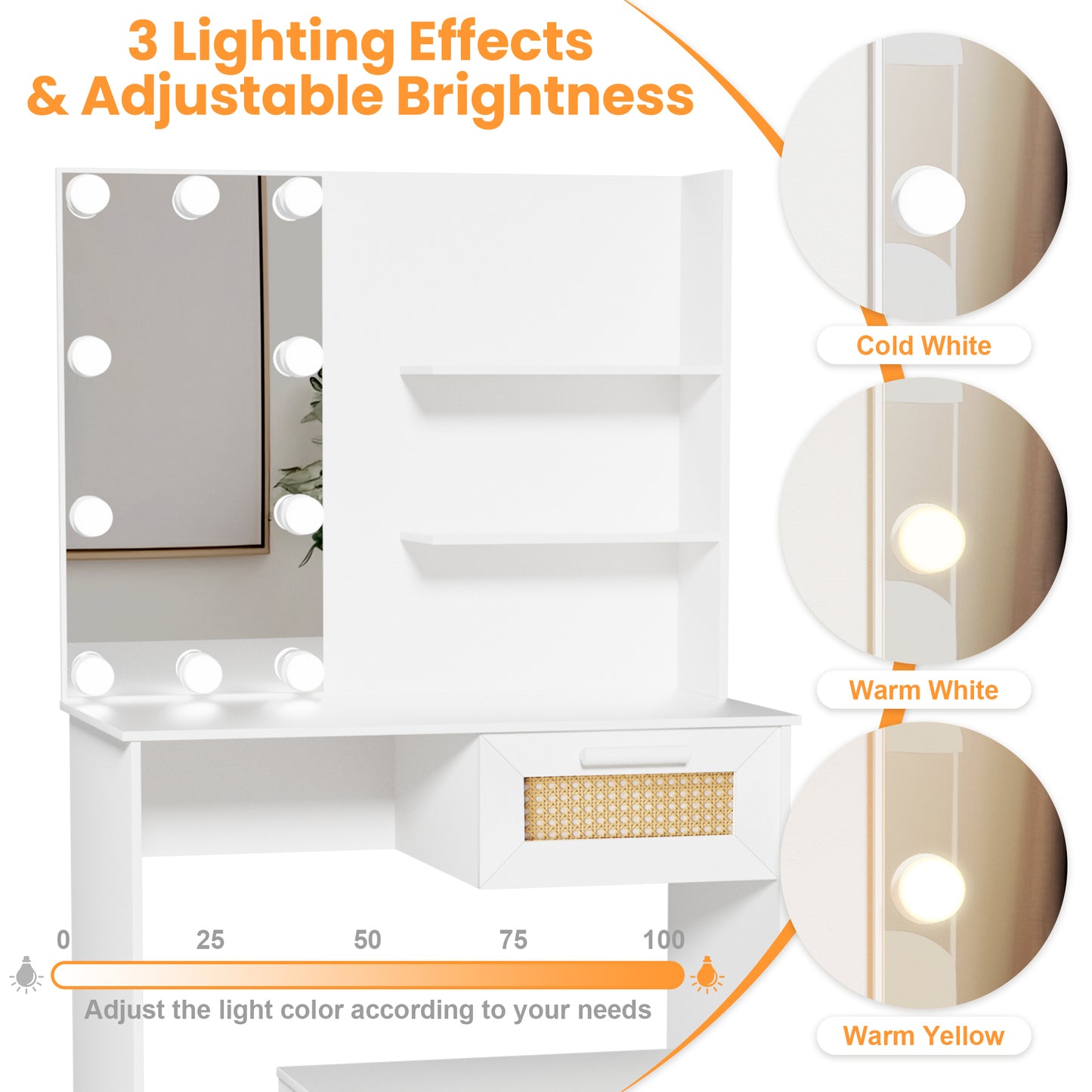 Brooks Vanity Desk Set With LED Lighting Mirror - White