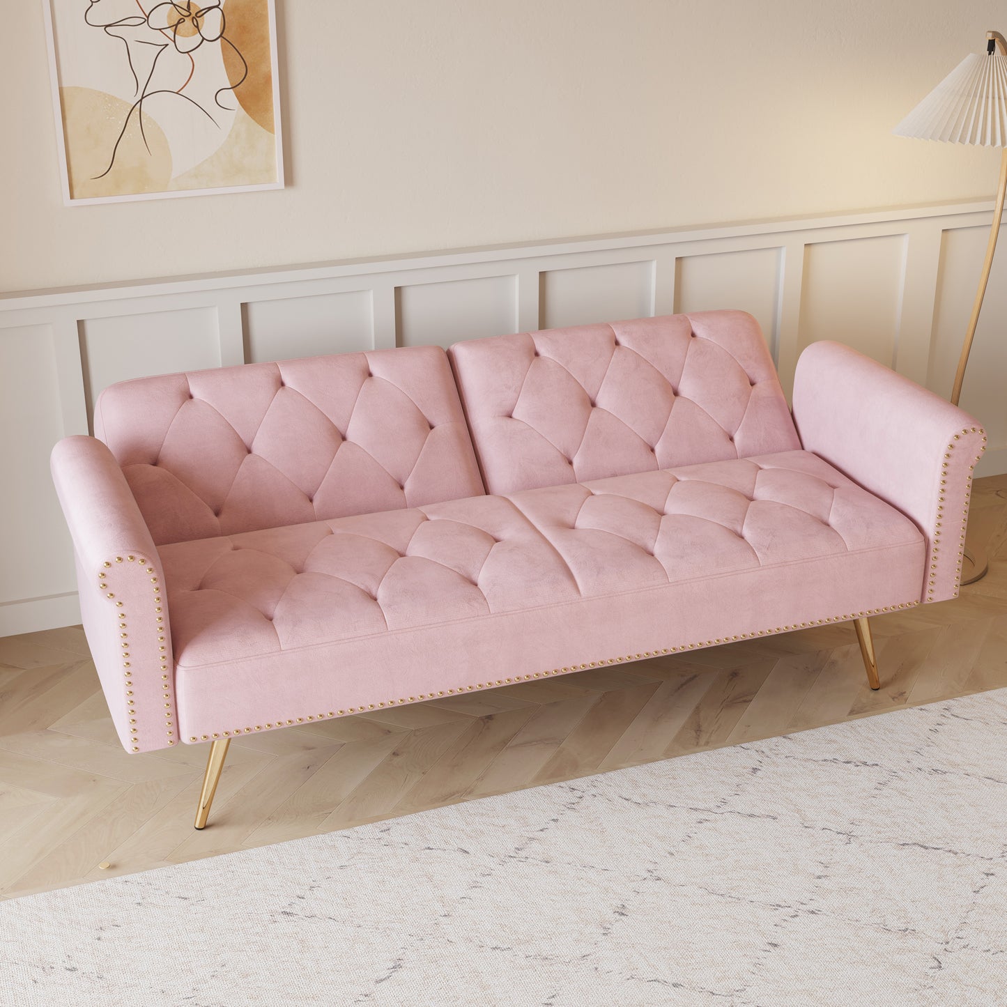 Uma Convertible Velvet Sofa Bed - Pink