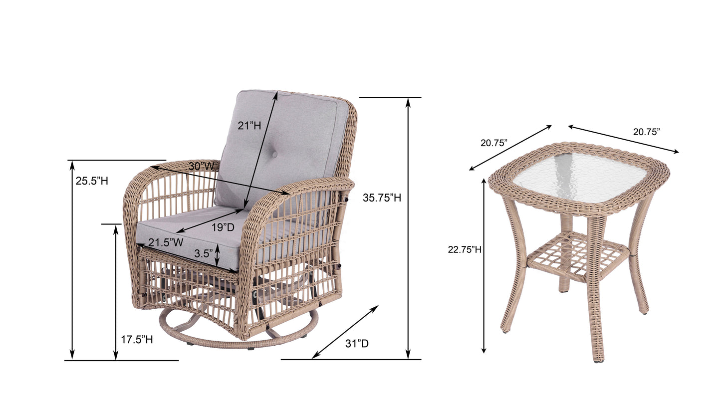 Vern 3 Pieces Outdoor Wicker Swive Rocking Chair Set