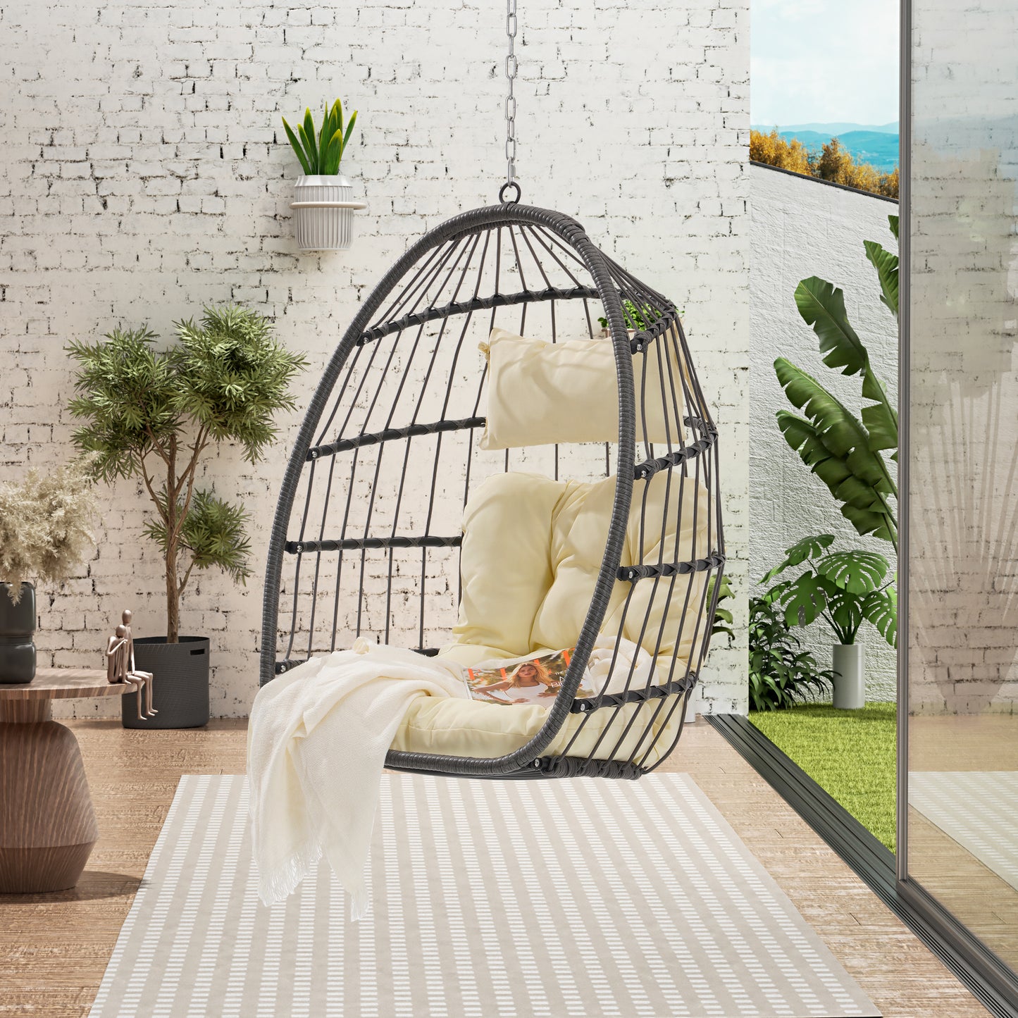 Feji Outdoor Rattan Egg Swing Chair - Khaki