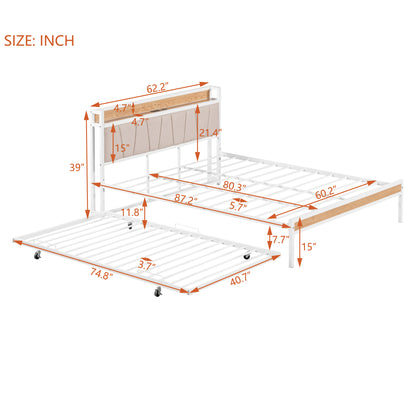 Quest Queen Size Metal Platform Bed Frame with Trundle - White