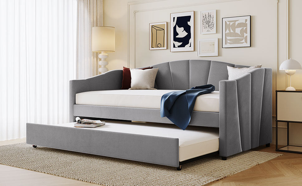 Travis Twin Size Upholstered Daybed with Trundle - Gray