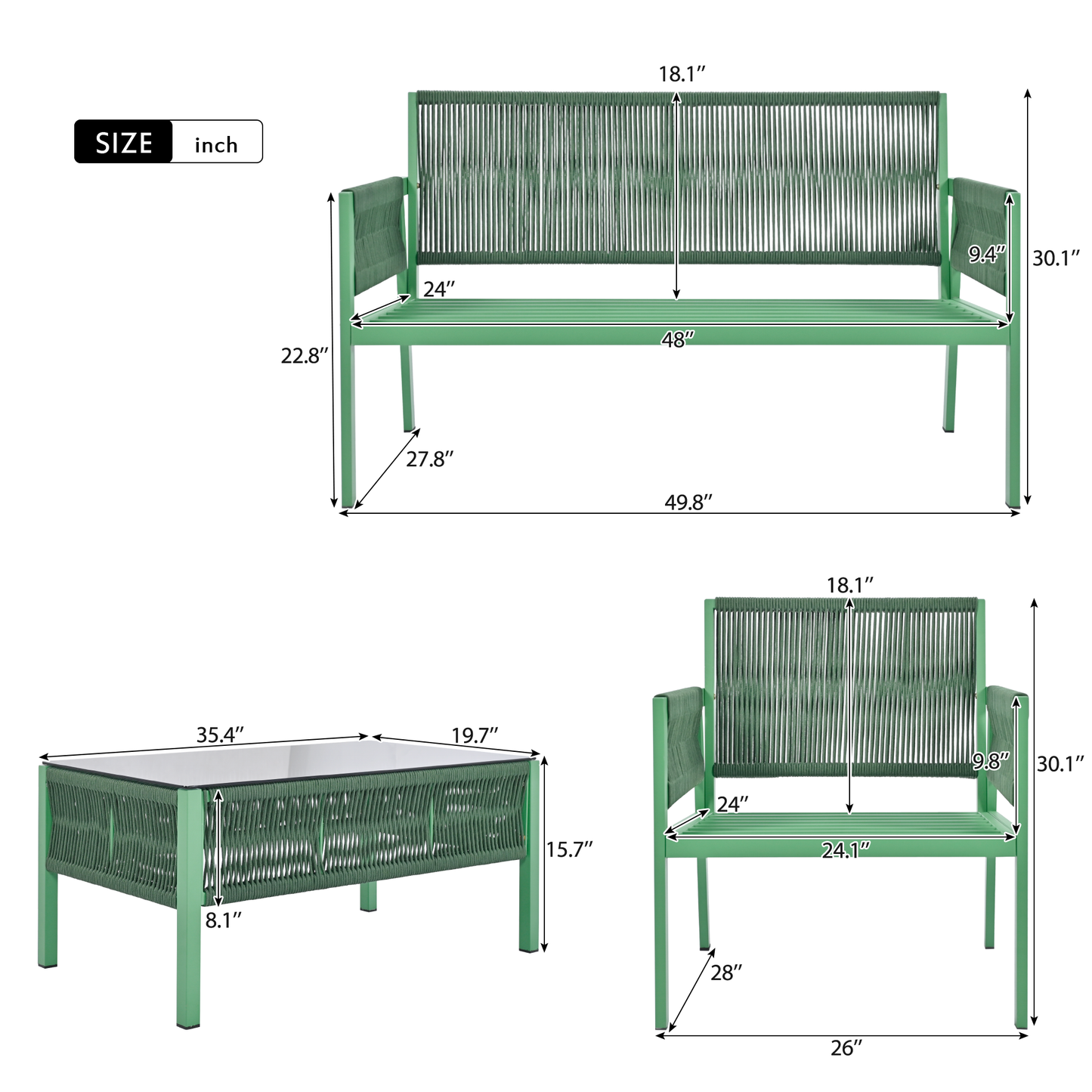 Mixon 4 Pc Patio Rope Sofa Set - Green