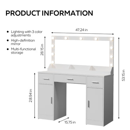 Astrid Makeup Vanity Table With Large Mirror and 3 Colour Lighting  - White