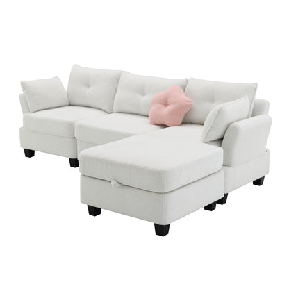 Fayen Velvet Sectional Sofa with Storage Ottoman - Beige