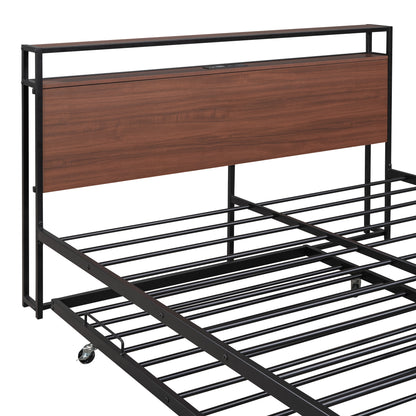 Draven Queen Size Metal Platform Bed Frame with Trundle - Black