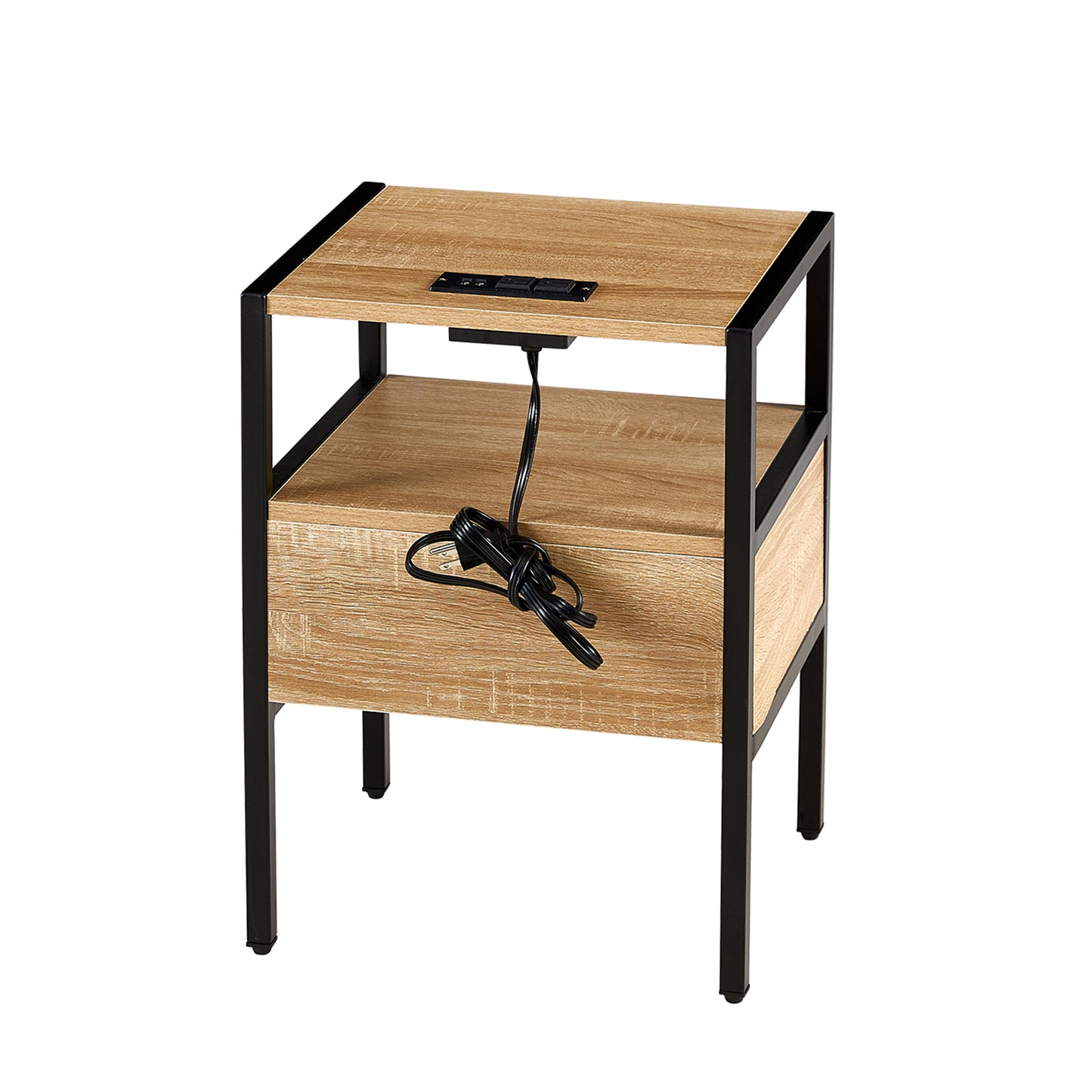 Rattan End table with Power Outlet  & USB Ports Modern nightstand  - Natural