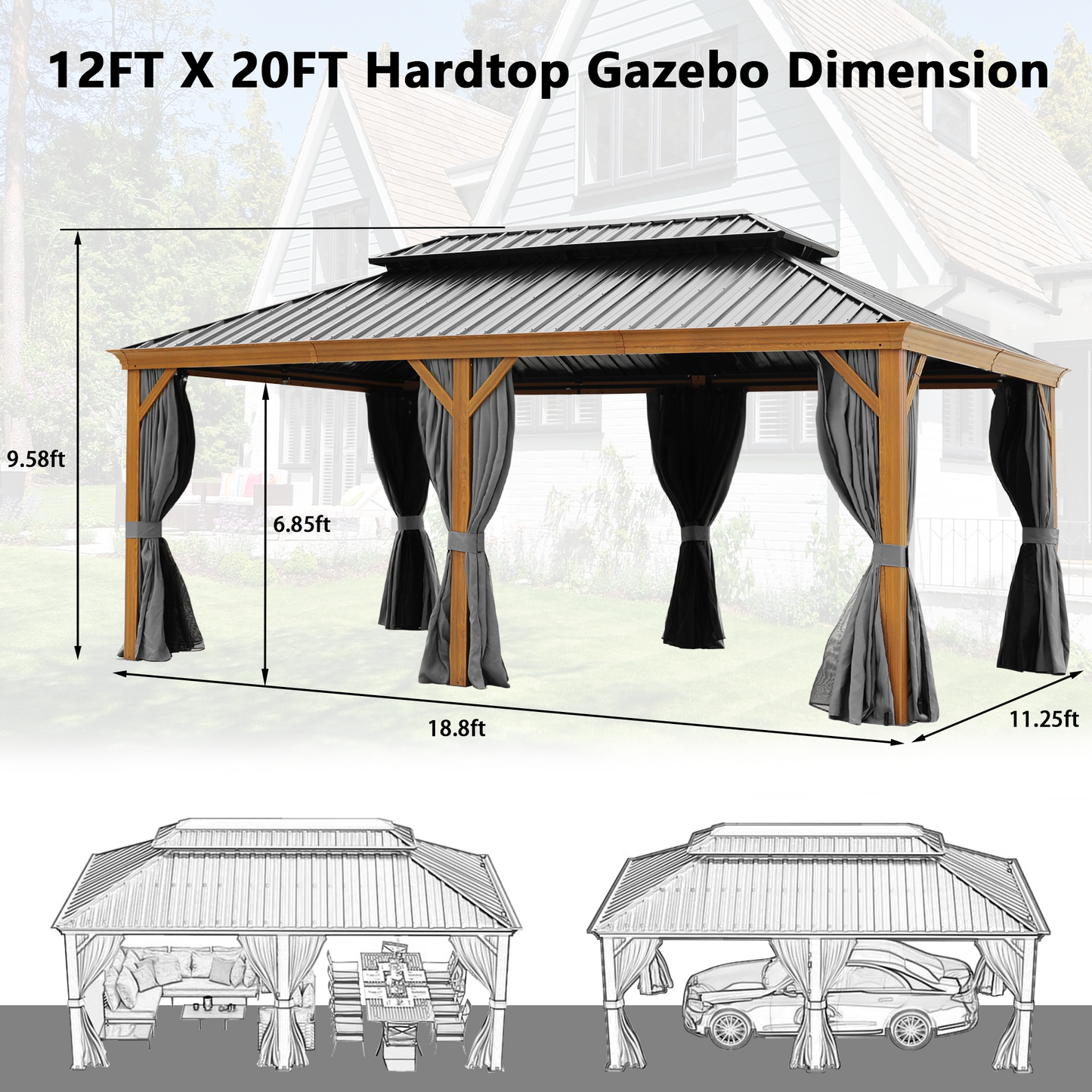 Delta 12X20 ft Patio Gazebo with Netting & Curtains - Black