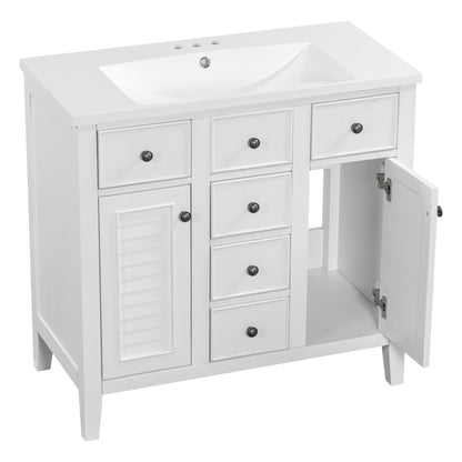 Bathroom Vanity with Ceramic Basin, Two Cabinets and Five Drawers - White