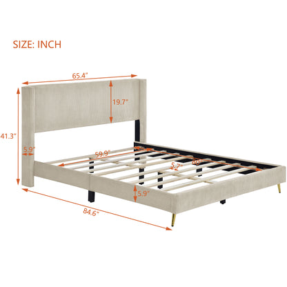 Queen Size Corduroy Platform Bed with Metal Legs - Beige