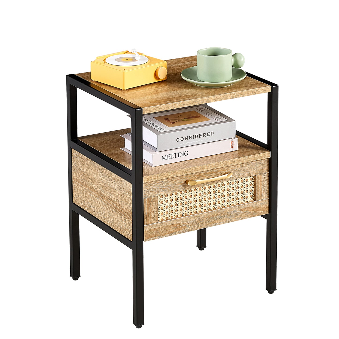 Rattan End table with  drawer Modern nightstand - Natural