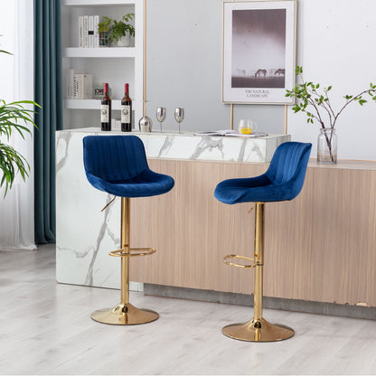 Stramline Adjustable Velvet + Golden Leg Bar Stool - Blue Set of 2