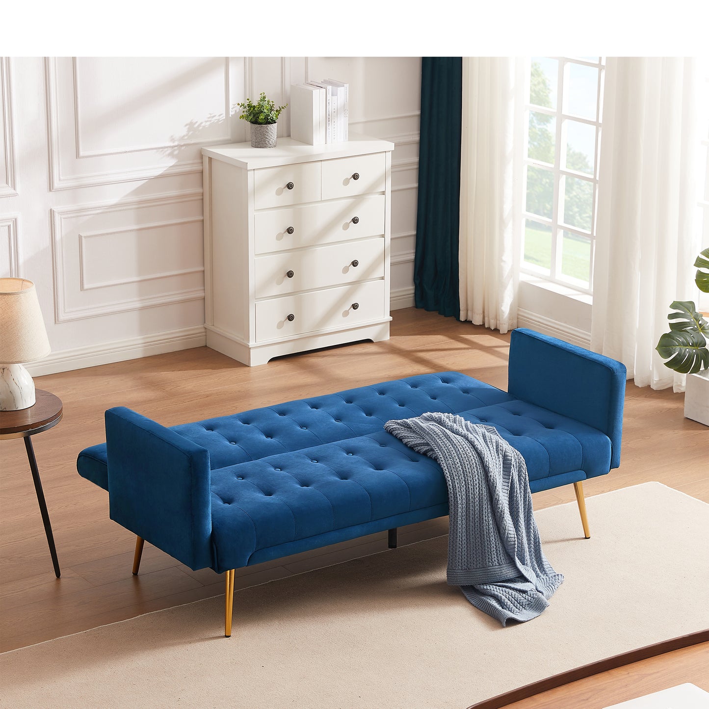 Pix Velvet Upholstered  Convertible Folding Futon Sofa Bed - Blue