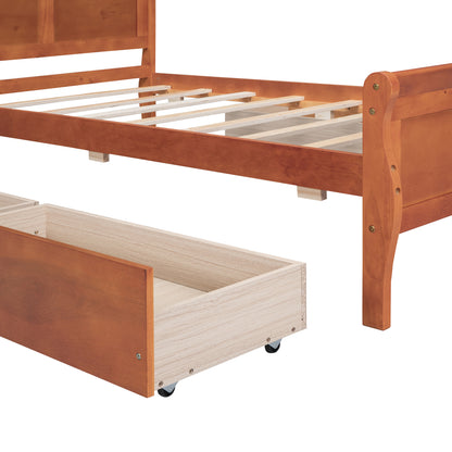 Meg Twin Size Wood Platform Bed with 4 Drawers - Oak