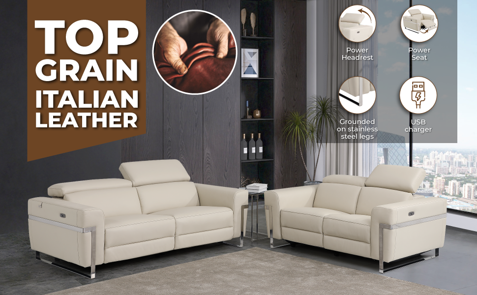 Regal Top Grain Italian Leather Sofa with Power Recliner - Beige