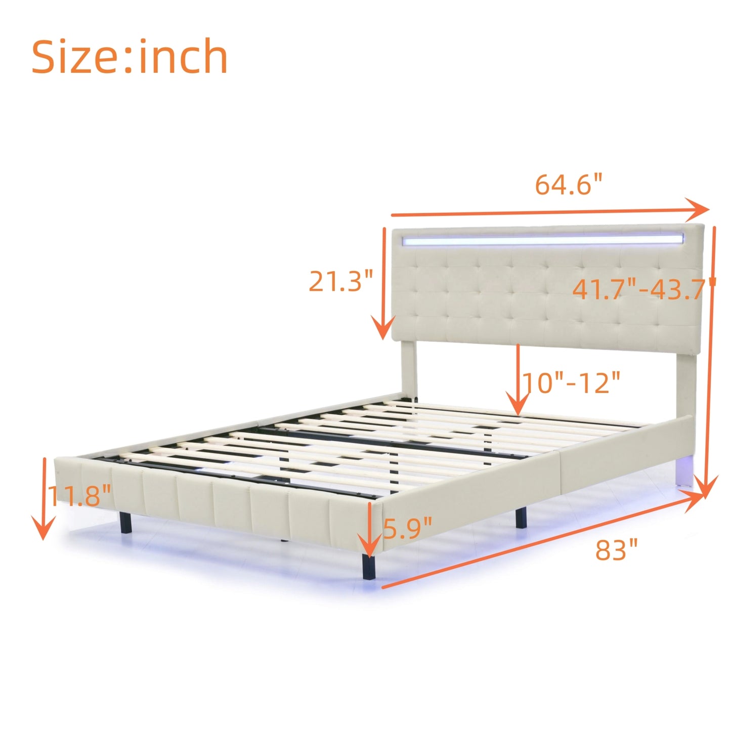 Marc Queen Size Floating Bed Frame with LED - Beige