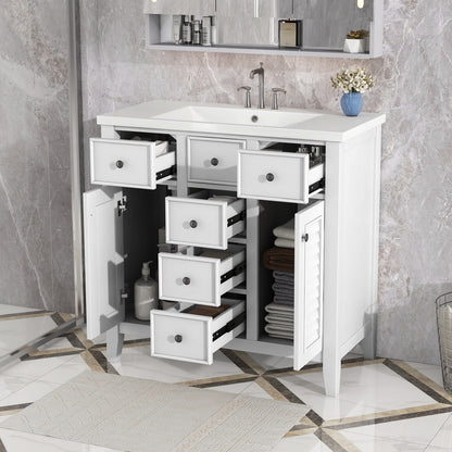 Bathroom Vanity with Ceramic Basin, Two Cabinets and Five Drawers - White