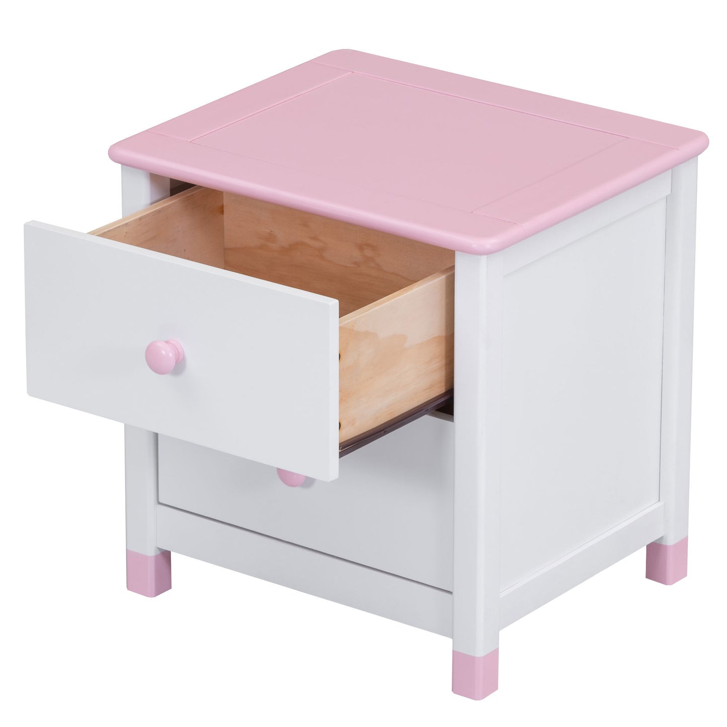 Hana Wooden Nightstand with Two Drawers - White+Pink