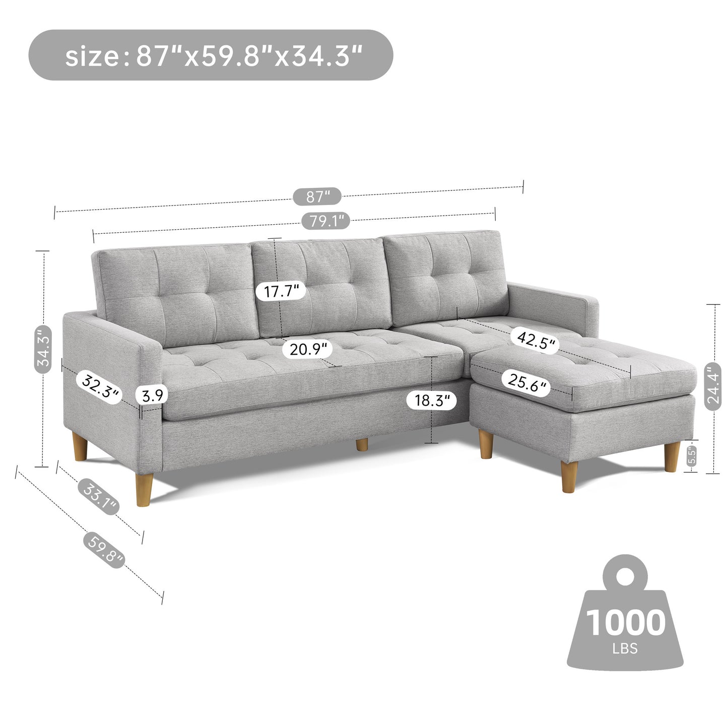 Vero Convertible Sectional Sofa with Ottoman - Light Grey