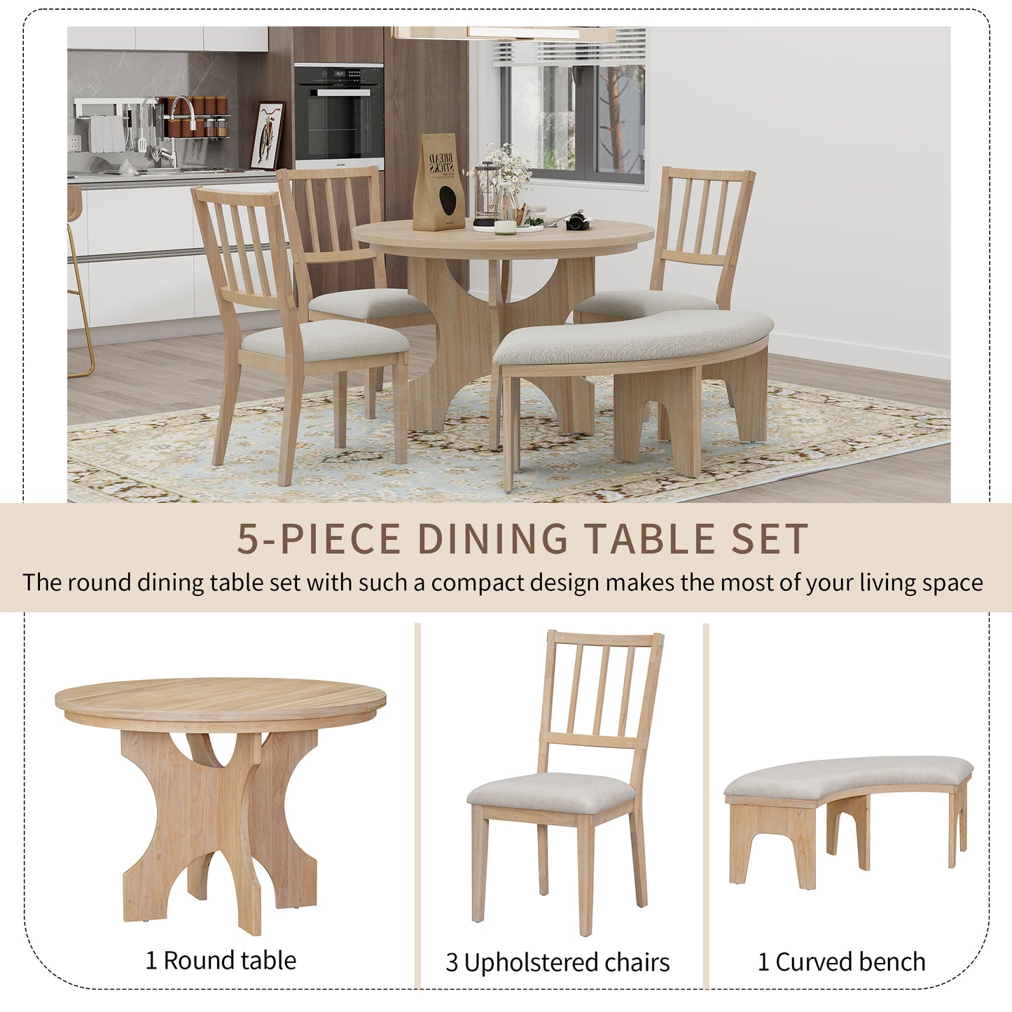 Todd 5pc Dining Set Round Table 4x Side Chairs - Natural