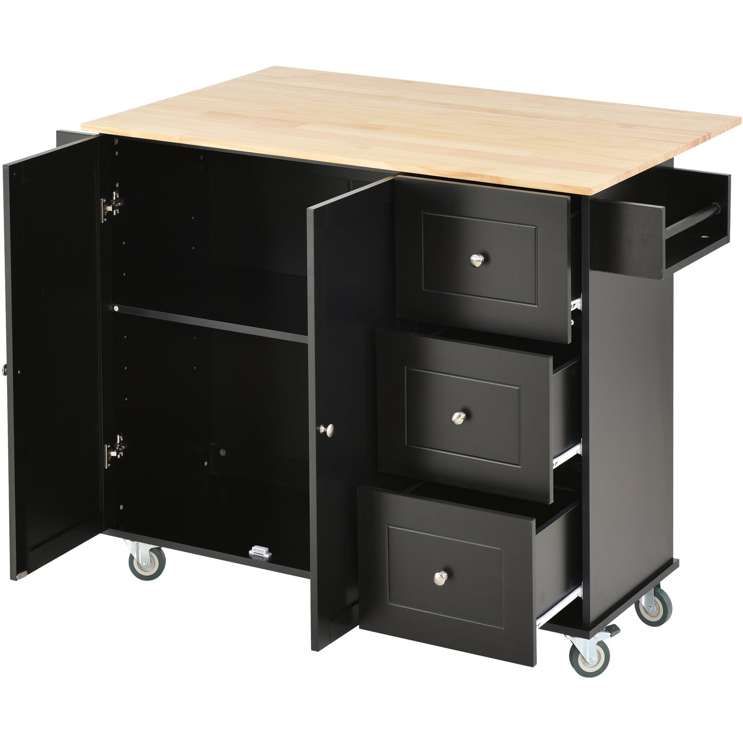 Oasis Kitchen Island with Solid Wood Top and Locking Wheels - Black