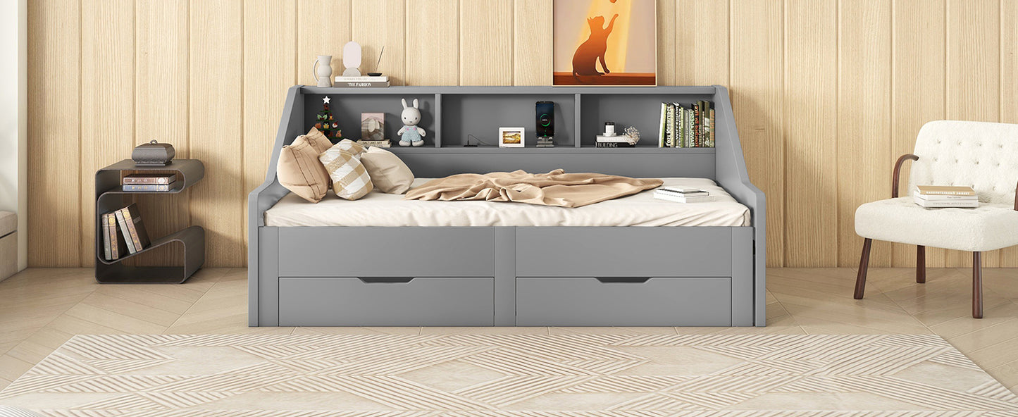 Zion Twin to King Size Daybed  with Storage Bookcases - Gray