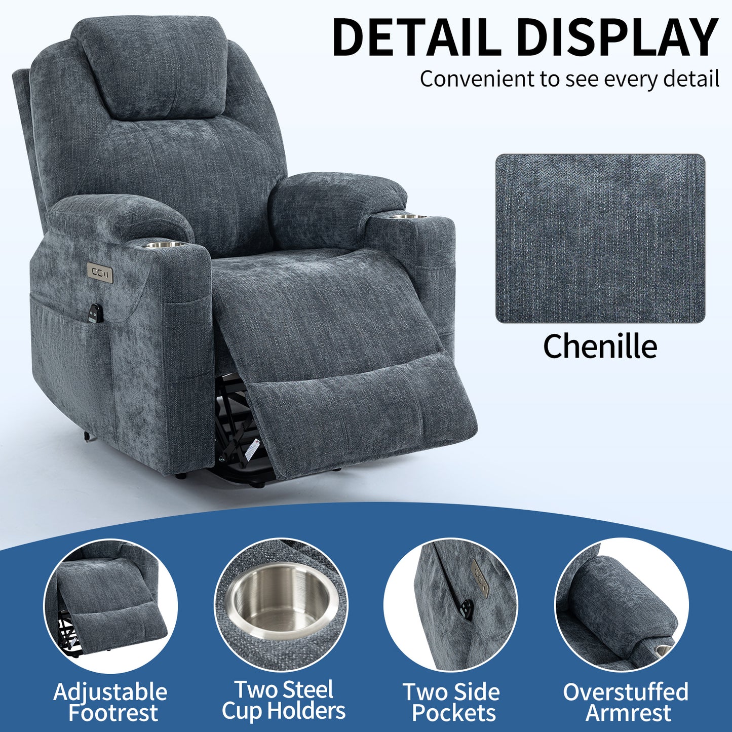 Okin Power Lift Chenille Recliner with Massage & Heat - Blue