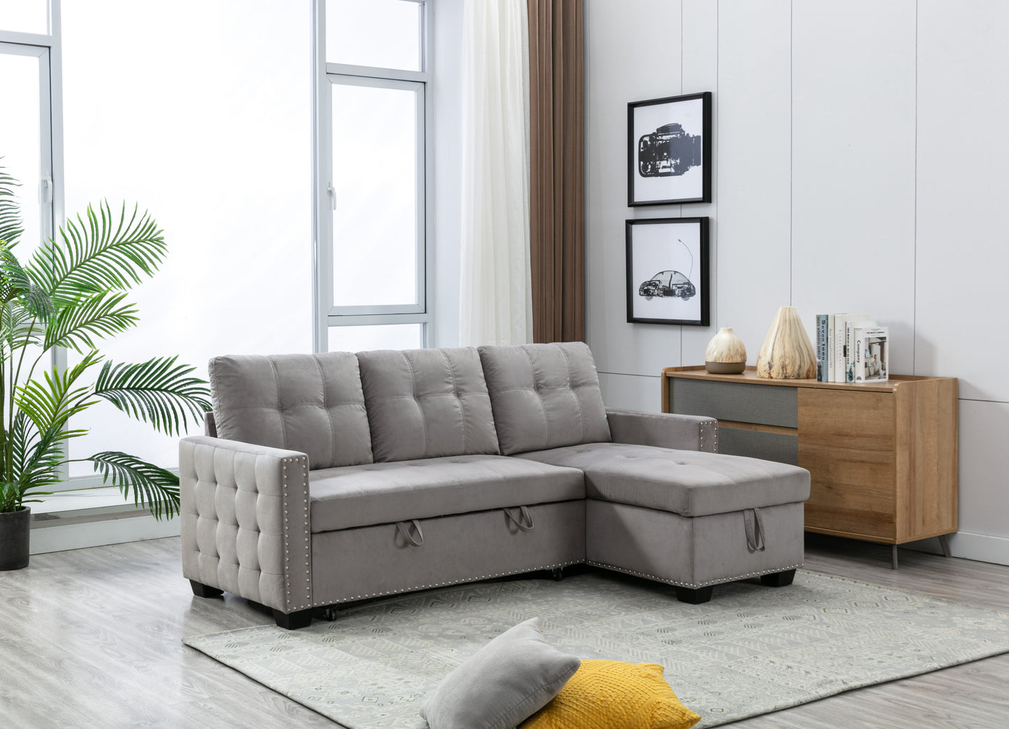 Eki Reversible Sectional Storage Sleeper Sofa Bed - Light Grey