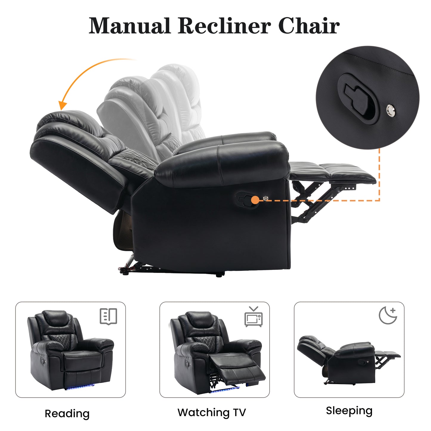 Milo Manual Recliner Loveseat with LED Light Strip - Black