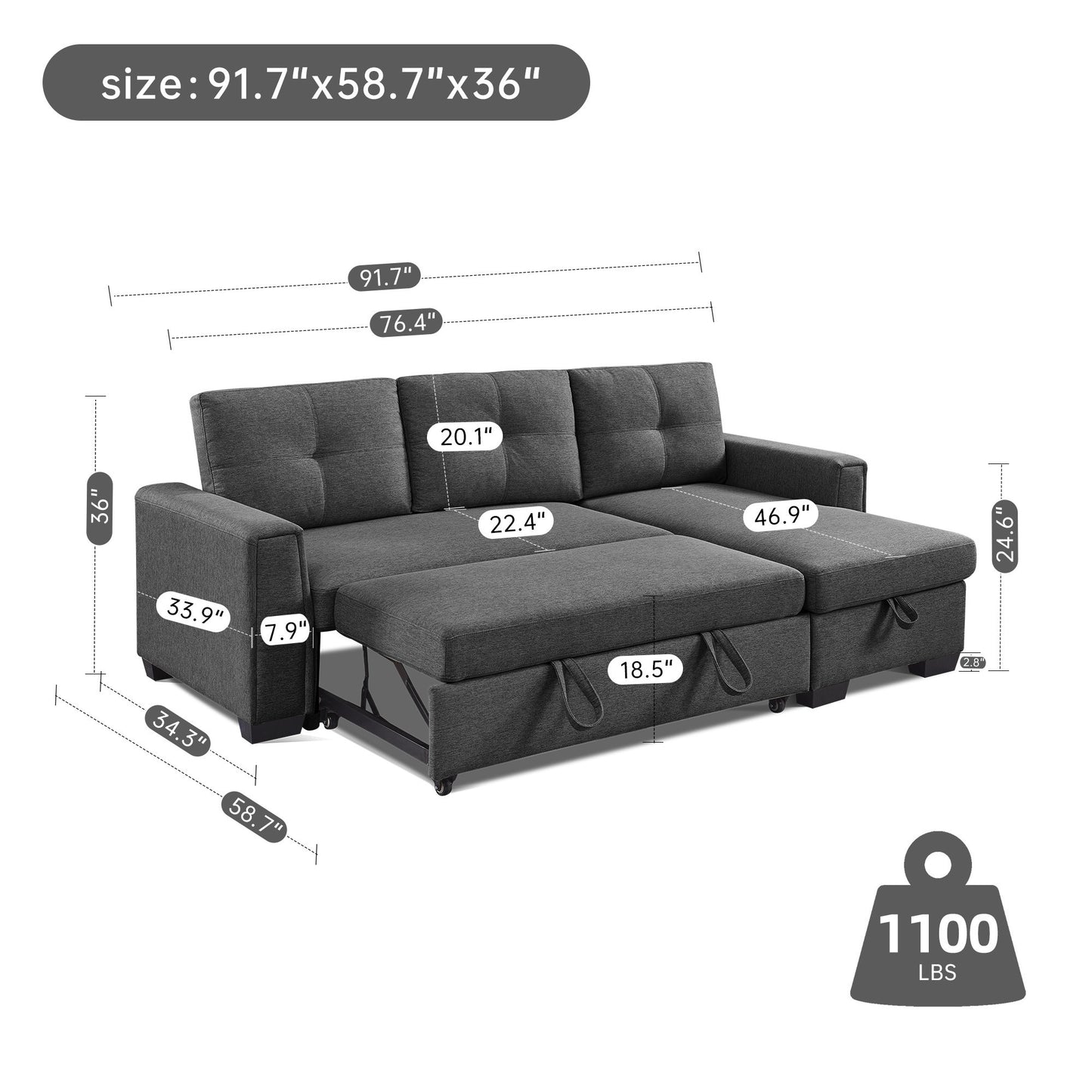 Orion 3-Seater Modular Fabric Convertible Reversible Sleeper Sectional Sofa - Dark Grey