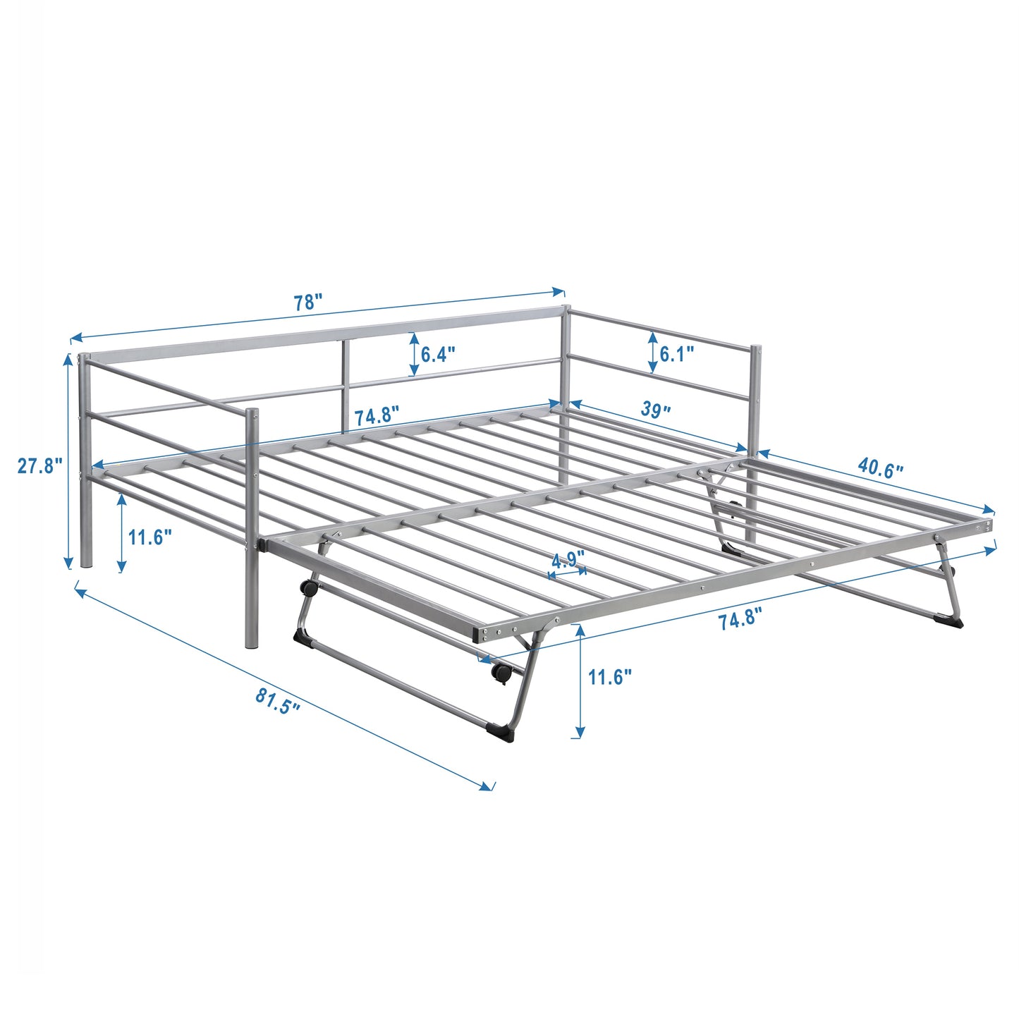 Wago Twin Size Metal Daybed with Adjustable Trundle - Silver