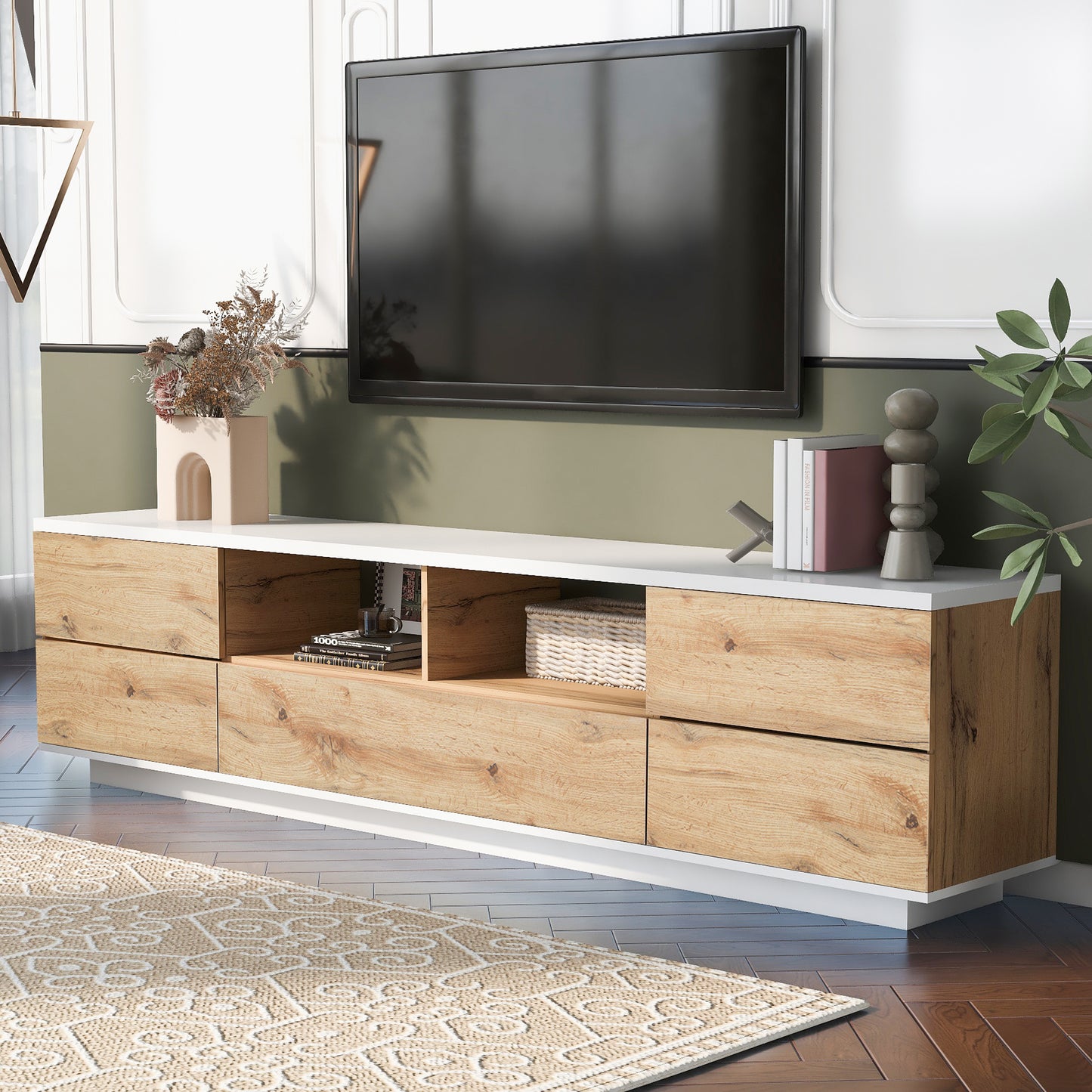 Dena Modern TV stand with Door Rebound Device - Natural+White