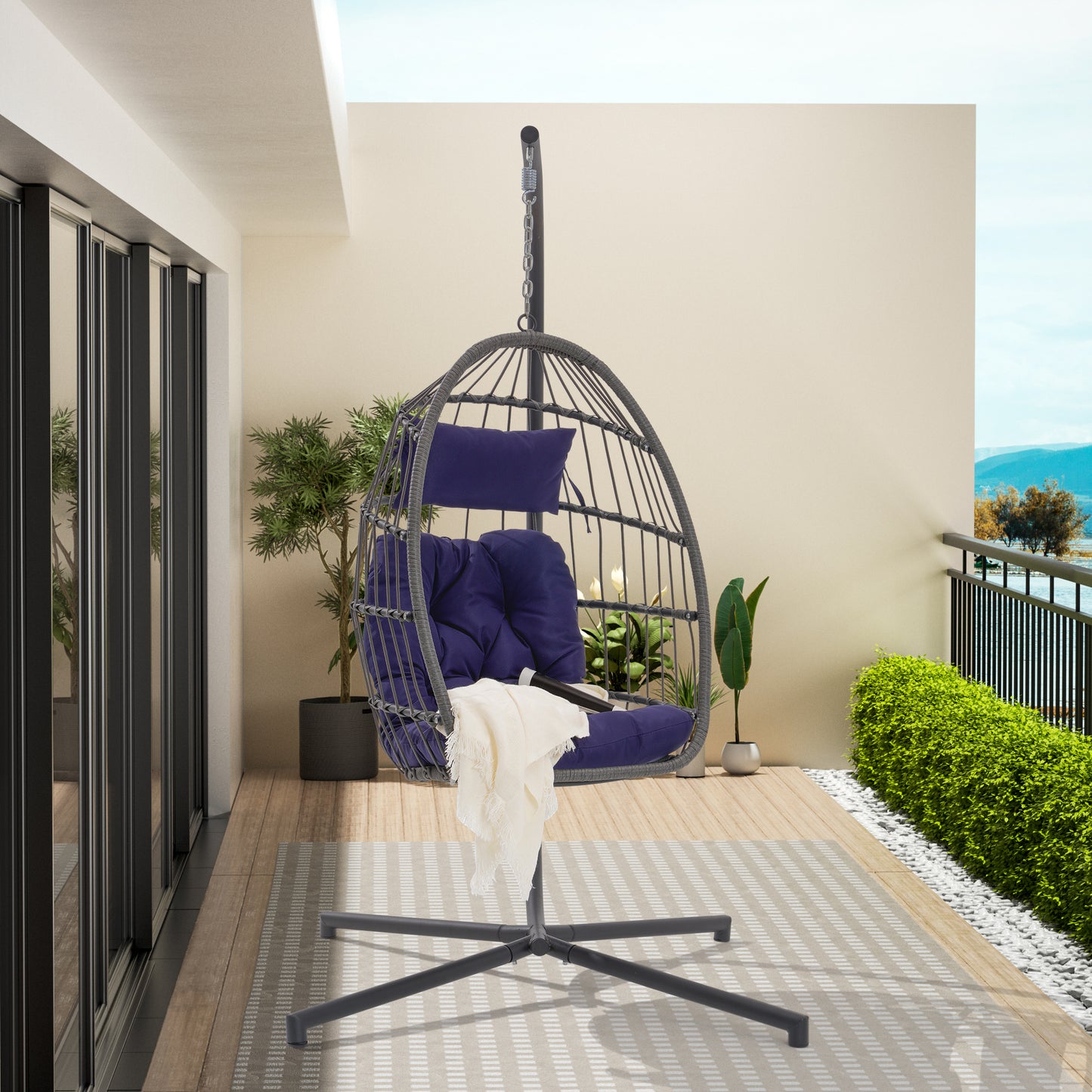 Feji Outdoor Rattan Egg Swing Chair with Stand - Dark Blue