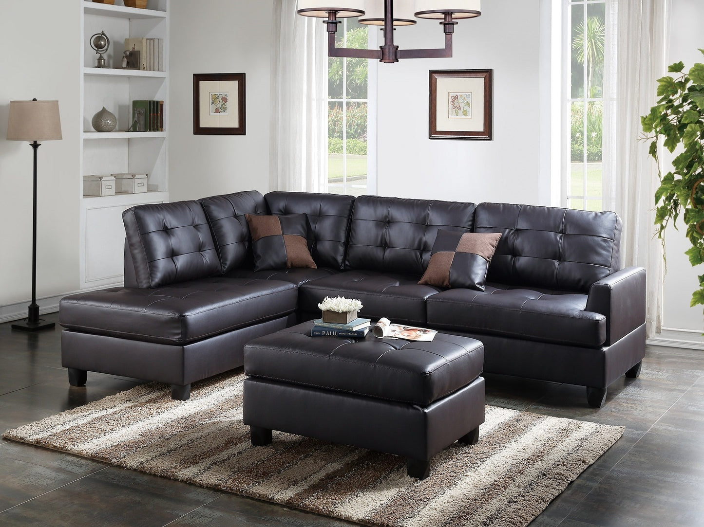 Lucia 3pc Faux Leather Sectional Sofa Set -  Espresso