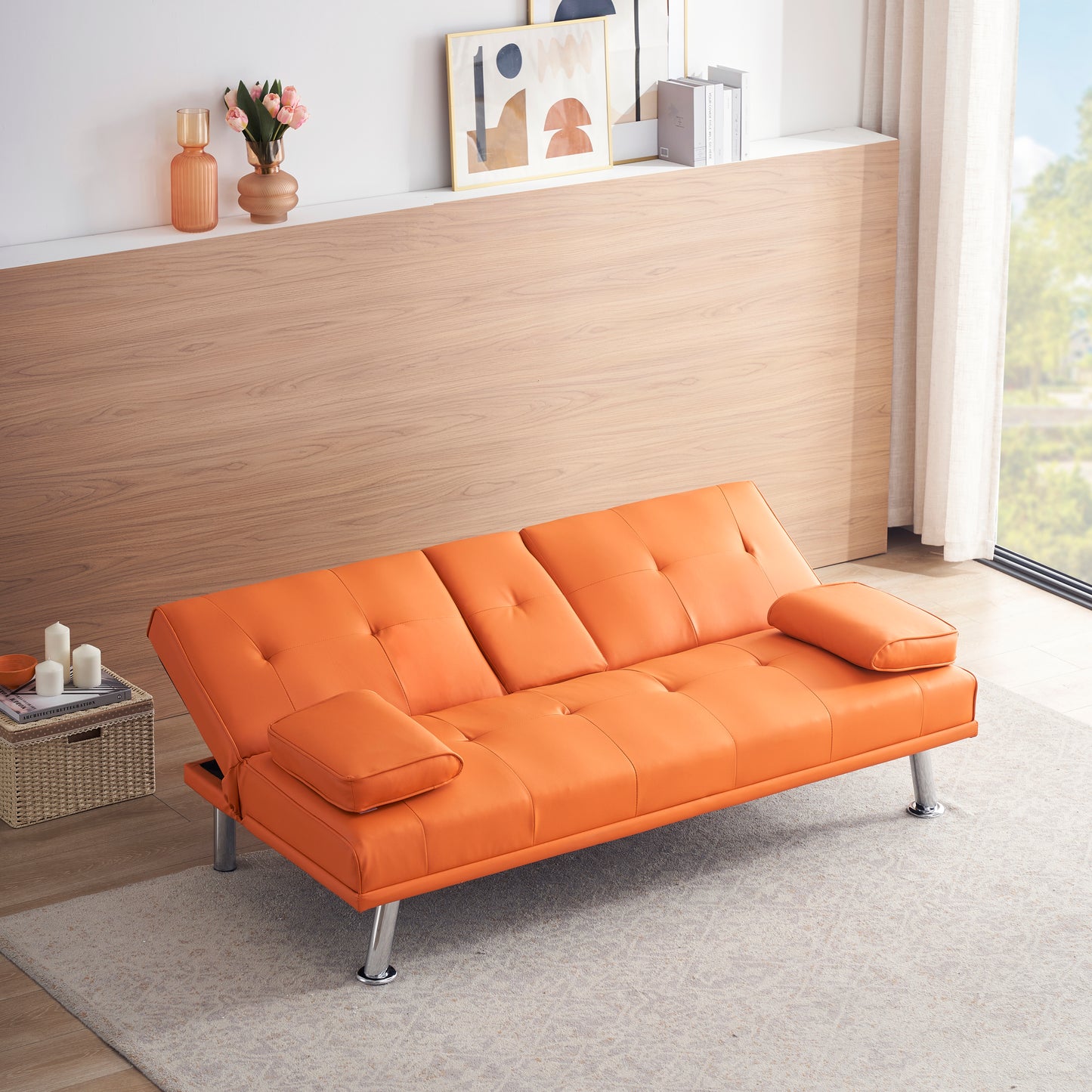 Neza Convertible Faux Leather Sofa Bed  - Orange