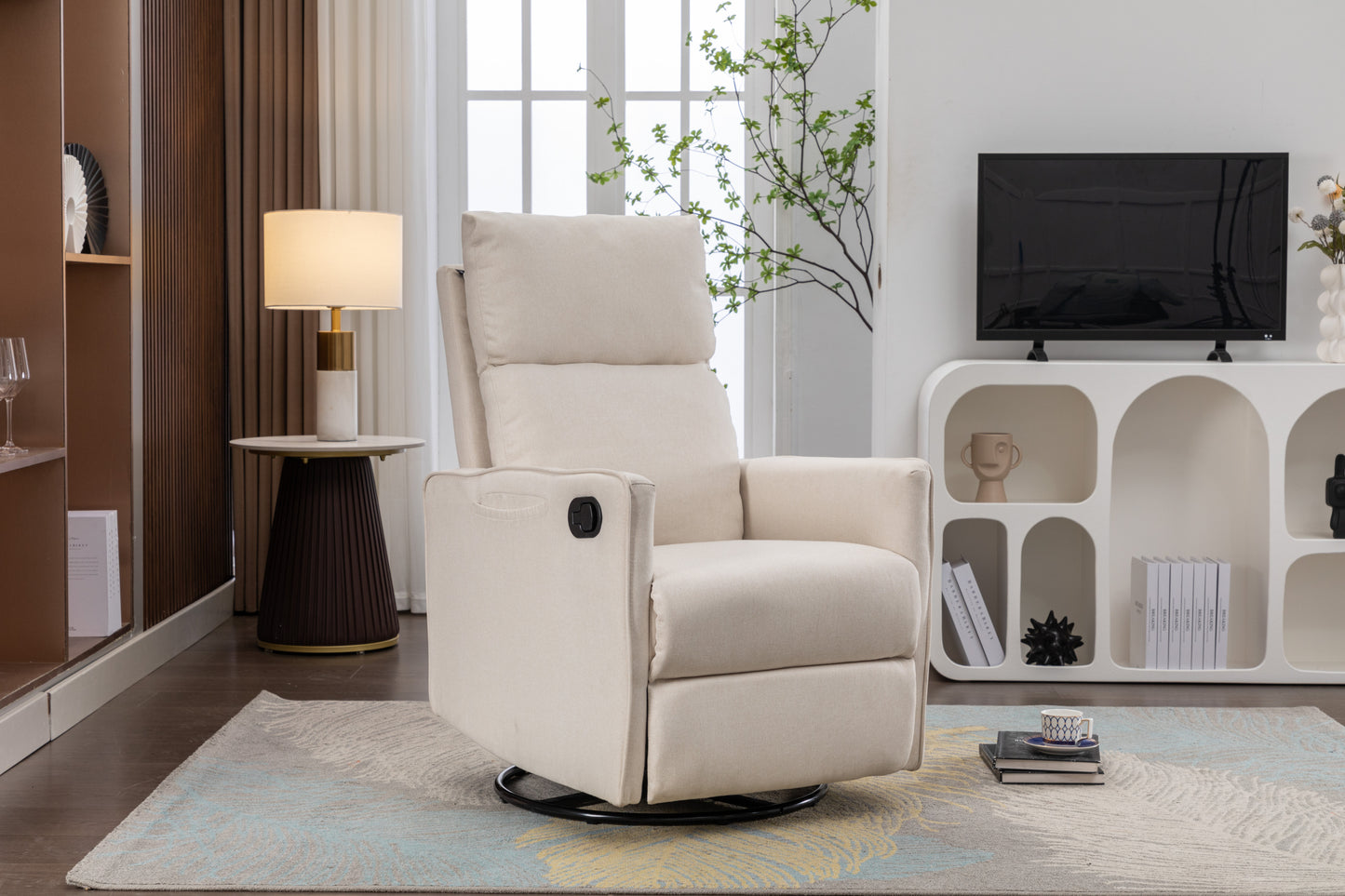 Cotton Linen Fabric Swivel Rocking Chair - Beige