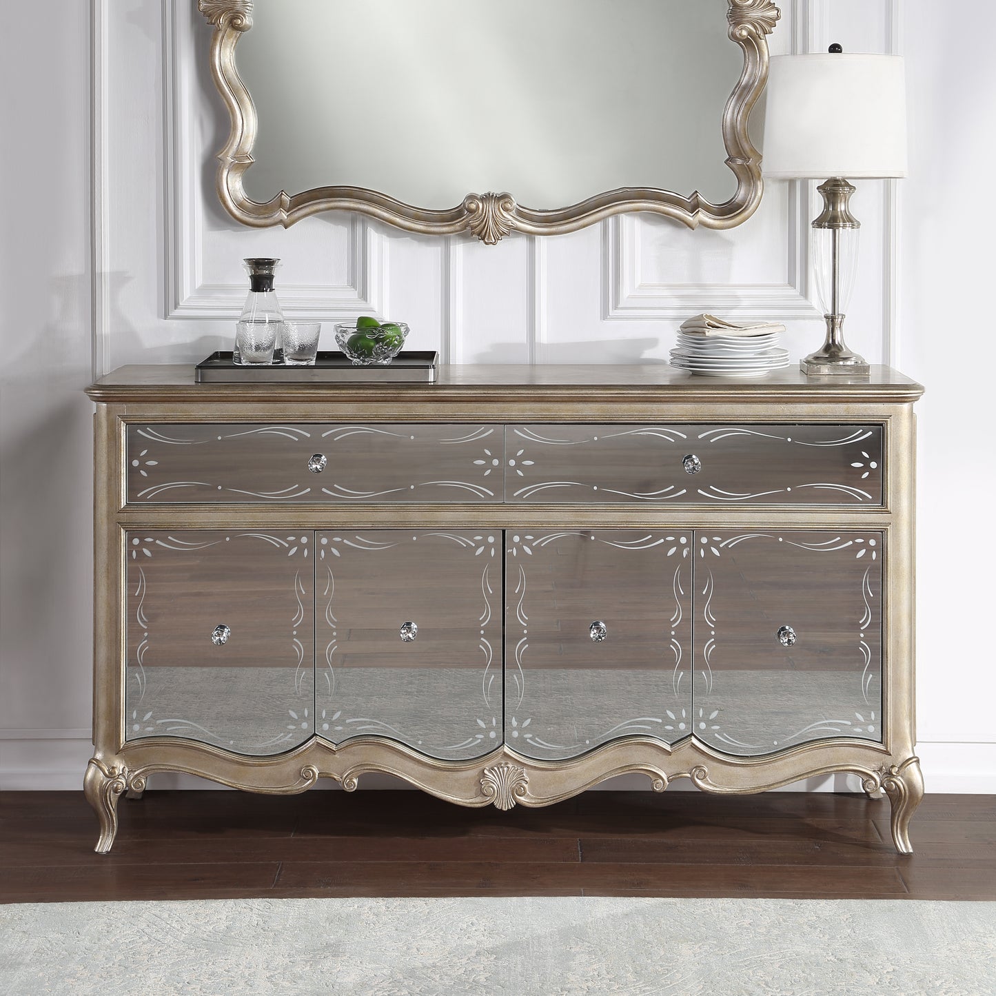 Esteban Server in Mirrored & Antique Champagne Finish