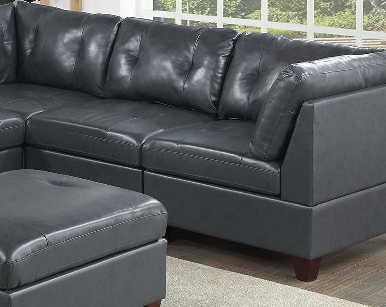 Sana Genuine Leather Sectional 6pc Set 3x Corner Wedge 2x Armless Chair 1x Ottoman - Black