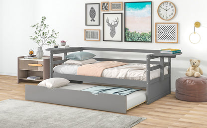 Tumo Twin Size Daybed with Trundle and Foldable Shelves - Gray