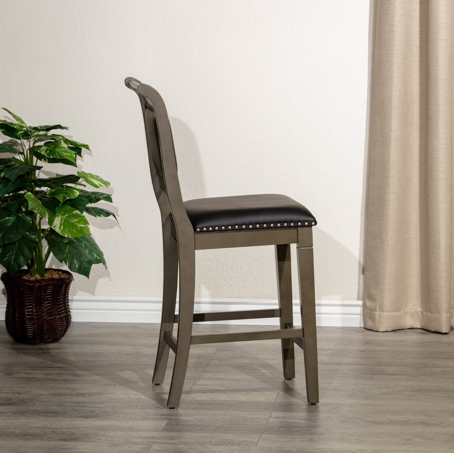 Viva Counter Stool, Weathered Gray Finish, Black Leather Seat