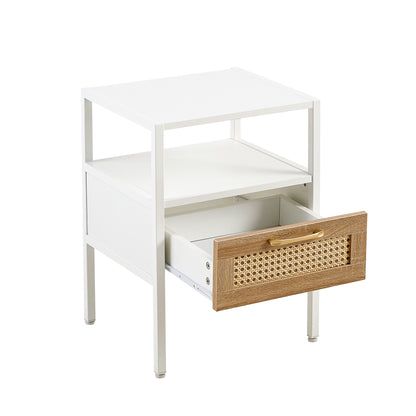 Rattan End table with  drawer Modern nightstand - White