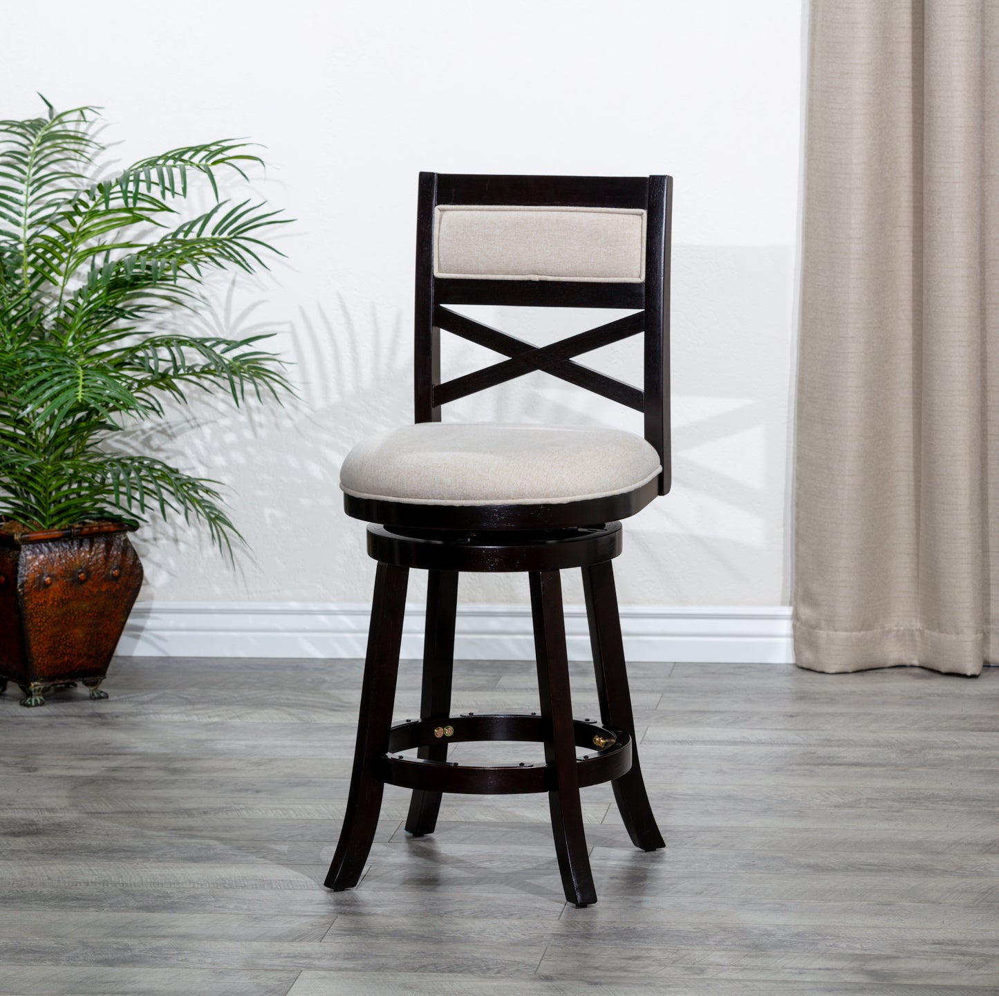 Counter Height X-Back Swivel Stool, Espresso Finish, Beige Fabric Seat