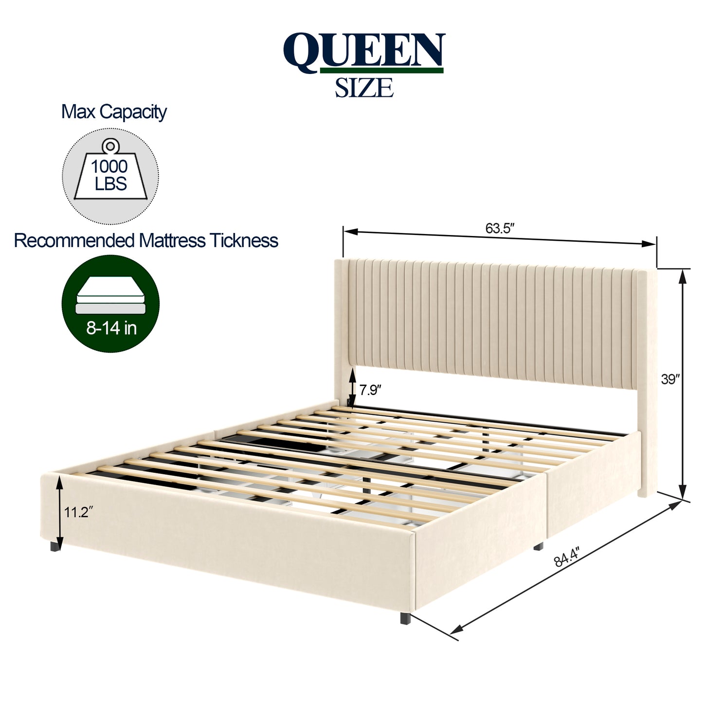 Anna Queen Size Platform Bed - Ivory