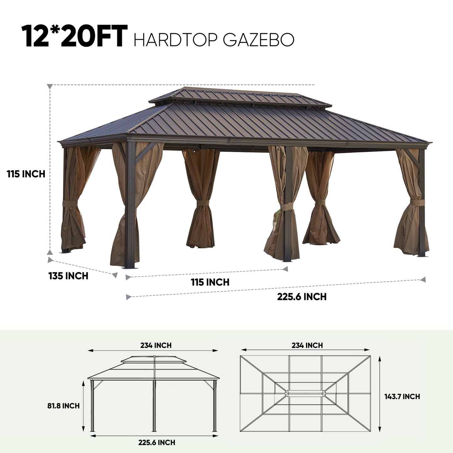 Afix 12 X 20 ft  Permanent Hardtop Gazebo Canopy - Bronze